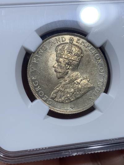 《竞宝斋》第410场 周日，周一，2场连拍 （全场包邮） NGC MS64 英属海峡殖民地 1920年 乔治五世 50分 银币 黄油彩 十字星暗记