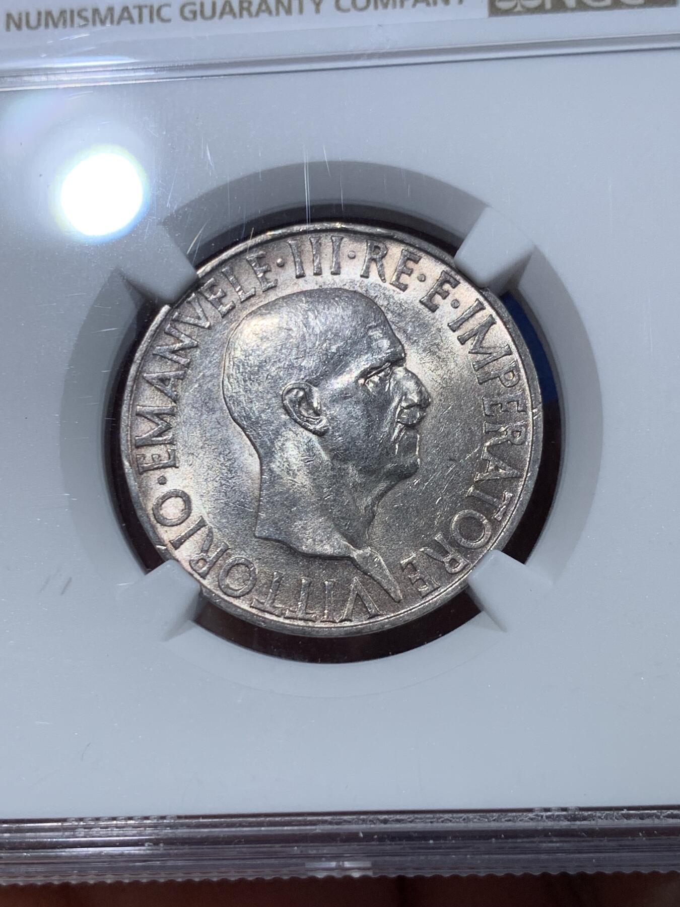 《竞宝斋》第410场 周日，周一，2场连拍 （全场包邮） NGC MS62 意大利 1936年 10里拉 银币 好品少见
