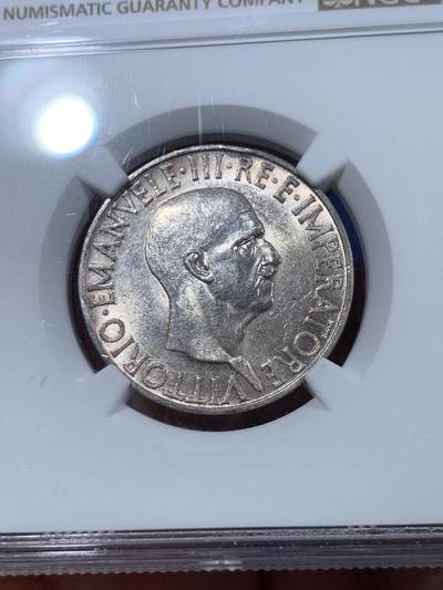 《竞宝斋》第410场 周日，周一，2场连拍 （全场包邮） NGC MS62 意大利 1936年 10里拉 银币 好品少见