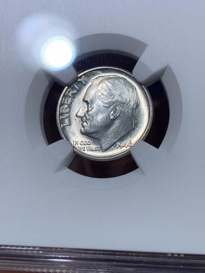 《竞宝斋》第410场 周日，周一，2场连拍 （全场包邮） NGC MS65 美国1946年10美分银币，罗斯福10美分首年份