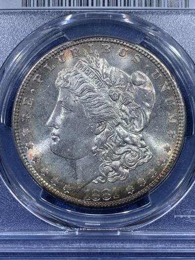 《竞宝斋》第410场 周日，周一，2场连拍 （全场包邮） PCGS MS64 摩根 1881-s 正反面皆有月牙形彩虹包浆 币面几乎无伤明显低评