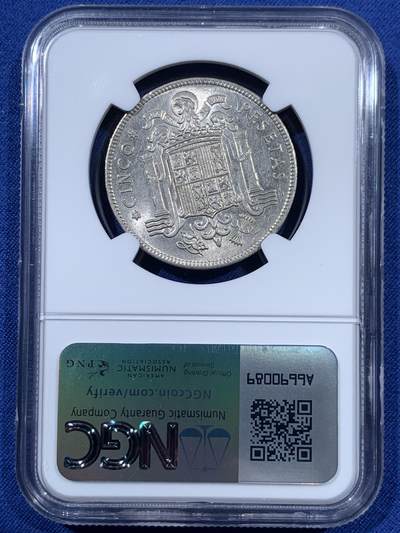 《竞宝斋》第410场 周日，周一，2场连拍 （全场包邮） NGC MS63 西班牙1949年佛朗哥5比塞塔镍币