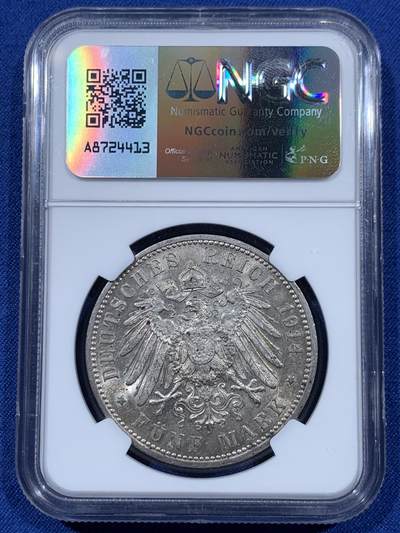 《竞宝斋》第410场 周日，周一，2场连拍 （全场包邮） NGC AU58 德国 1914年 普鲁士威廉二世军装5马克