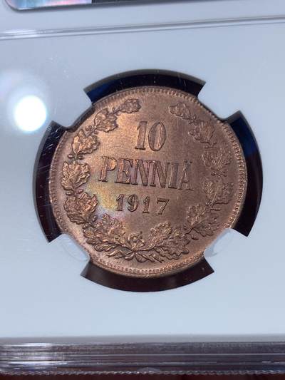 《竞宝斋》第410场 周日，周一，2场连拍 （全场包邮） NGC MS63RB 芬兰1917年临时政府10盆尼双头鹰铜币，单独年份