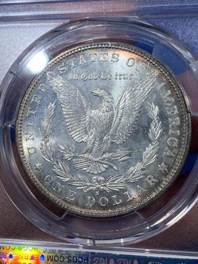 《竞宝斋》第410场 周日，周一，2场连拍 （全场包邮） PCGS MS64 摩根 1881-s 正反面皆有月牙形彩虹包浆 币面几乎无伤明显低评