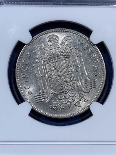 《竞宝斋》第410场 周日，周一，2场连拍 （全场包邮） NGC MS63 西班牙1949年佛朗哥5比塞塔镍币