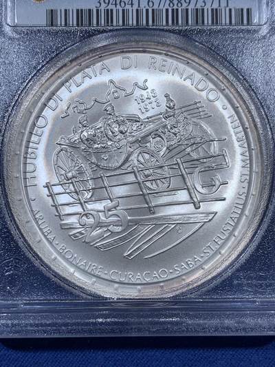 《竞宝斋》第410场 周日，周一，2场连拍 （全场包邮） PCGS MS67 荷兰1973年朱莉安娜女王加冕25周年25盾大银币 重42.12克 925银 加厚盒