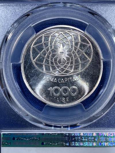 《竞宝斋》第410场 周日，周一，2场连拍 （全场包邮） PCGS MS67 意大利1970年罗马建都百年1000里拉纪念银币，高分