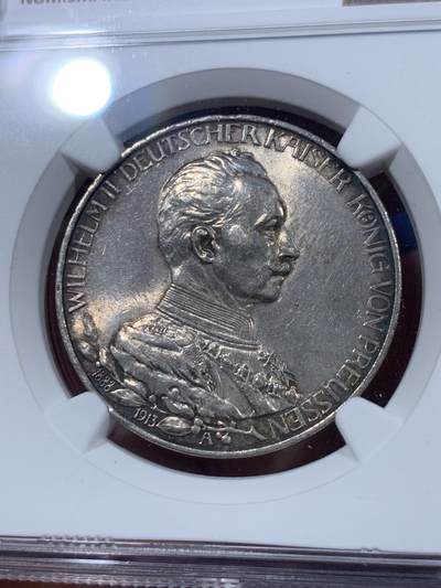 《竞宝斋》第410场 周日，周一，2场连拍 （全场包邮） NGC UNCD 德国1913普鲁士威廉三世军装3马克银币