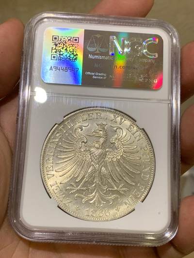 《竞宝斋》第410场 周日，周一，2场连拍 （全场包邮） NGC MS61 德国 1866年 法兰克福 2泰勒银币 转光极好