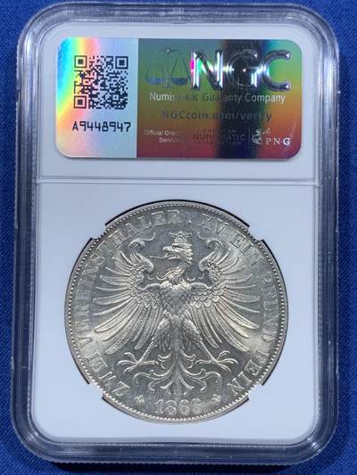 《竞宝斋》第410场 周日，周一，2场连拍 （全场包邮） NGC MS61 德国 1866年 法兰克福 2泰勒银币 转光极好