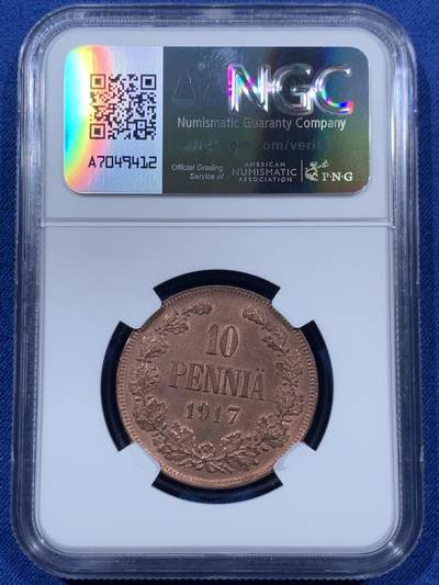 《竞宝斋》第410场 周日，周一，2场连拍 （全场包邮） NGC MS63RB 芬兰1917年临时政府10盆尼双头鹰铜币，单独年份