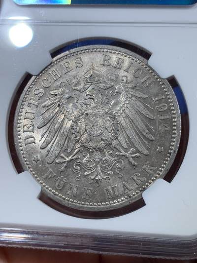 《竞宝斋》第410场 周日，周一，2场连拍 （全场包邮） NGC AU58 德国 1914年 普鲁士威廉二世军装5马克