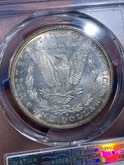 《竞宝斋》第410场 周日，周一，2场连拍 （全场包邮） PCGS MS64 摩根 1881-s 正反面皆有月牙形彩虹包浆 币面几乎无伤明显低评
