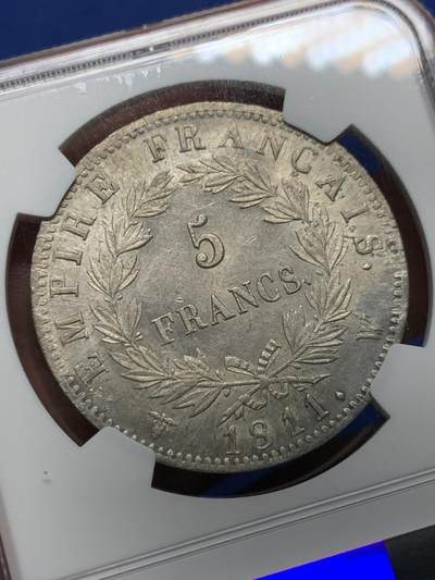 《竞宝斋》第410场 周日，周一，2场连拍 （全场包邮） NGC UNC 法国 1811W版 拿破仑一世 5法郎银币 版别 状态镀很好 建议处理下尝试再评级