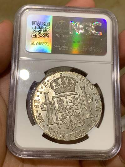 《竞宝斋》第410场 周日，周一，2场连拍 （全场包邮） NGC MS63 西属秘鲁 1820 LIMA JP 费七人像双柱 8瑞尔 双面深打