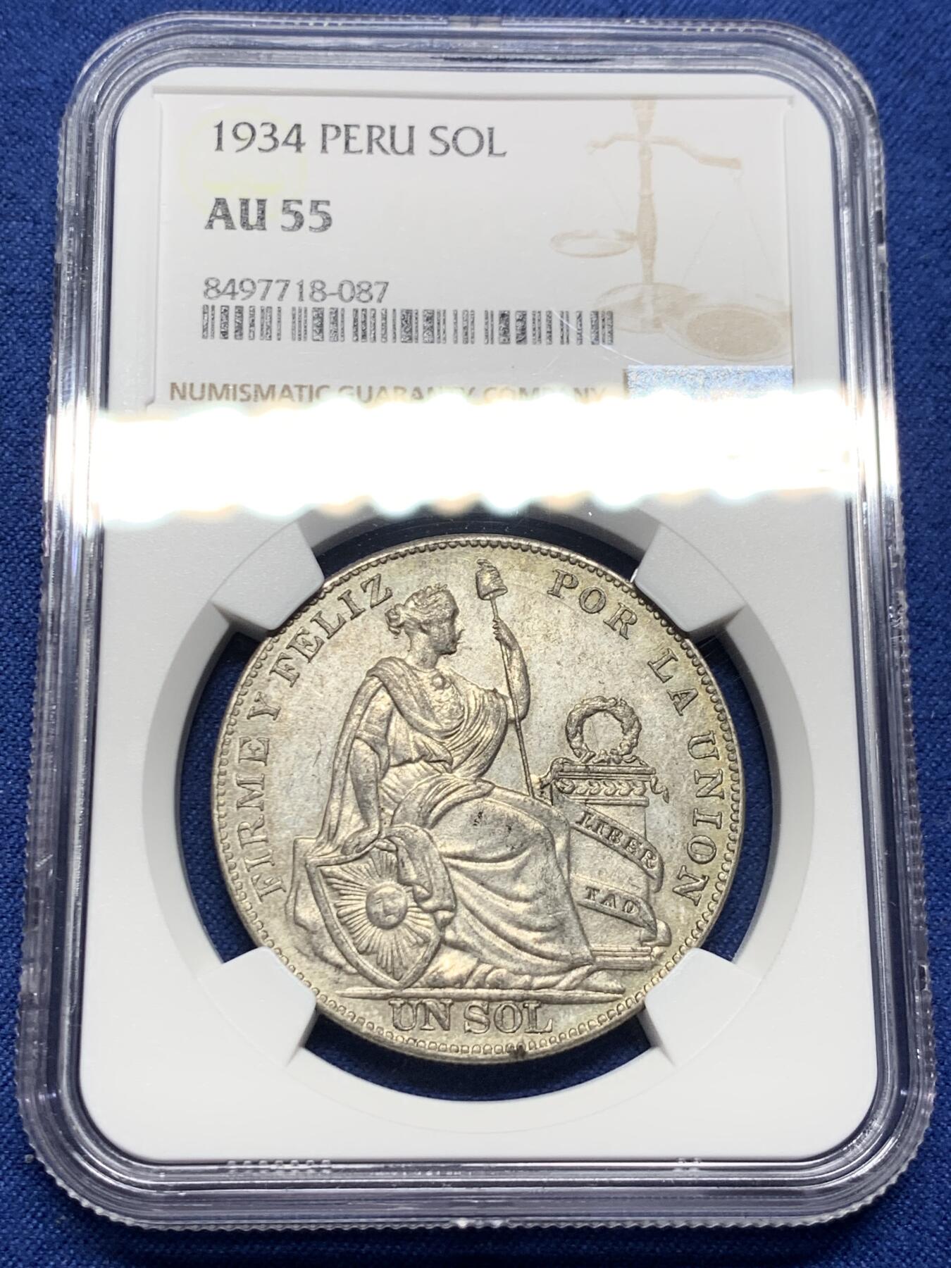 《竞宝斋》第410场 周日，周一，2场连拍 （全场包邮） NGC AU55 秘鲁1934年坐人女神1索尔大银币