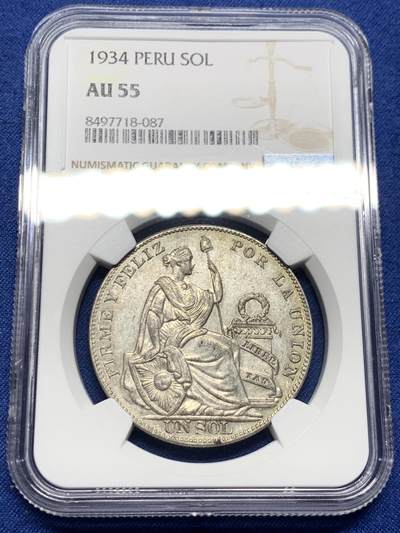 《竞宝斋》第410场 周日，周一，2场连拍 （全场包邮） - NGC AU55 秘鲁1934年坐人女神1索尔大银币