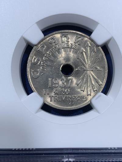《竞宝斋》第410场 周日，周一，2场连拍 （全场包邮） NGC MS64 西班牙 1937年 内战版 25分 原光镍币 好品非常少