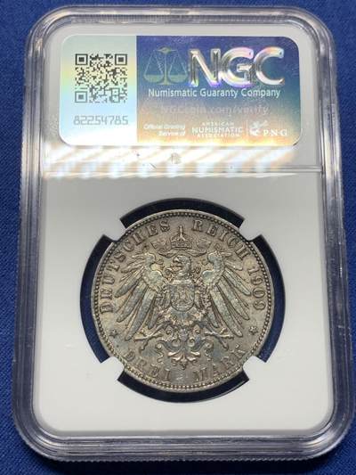 《竞宝斋》第410场 周日，周一，2场连拍 （全场包邮） NGC AU58 德国1909年汉堡双狮3马克银币