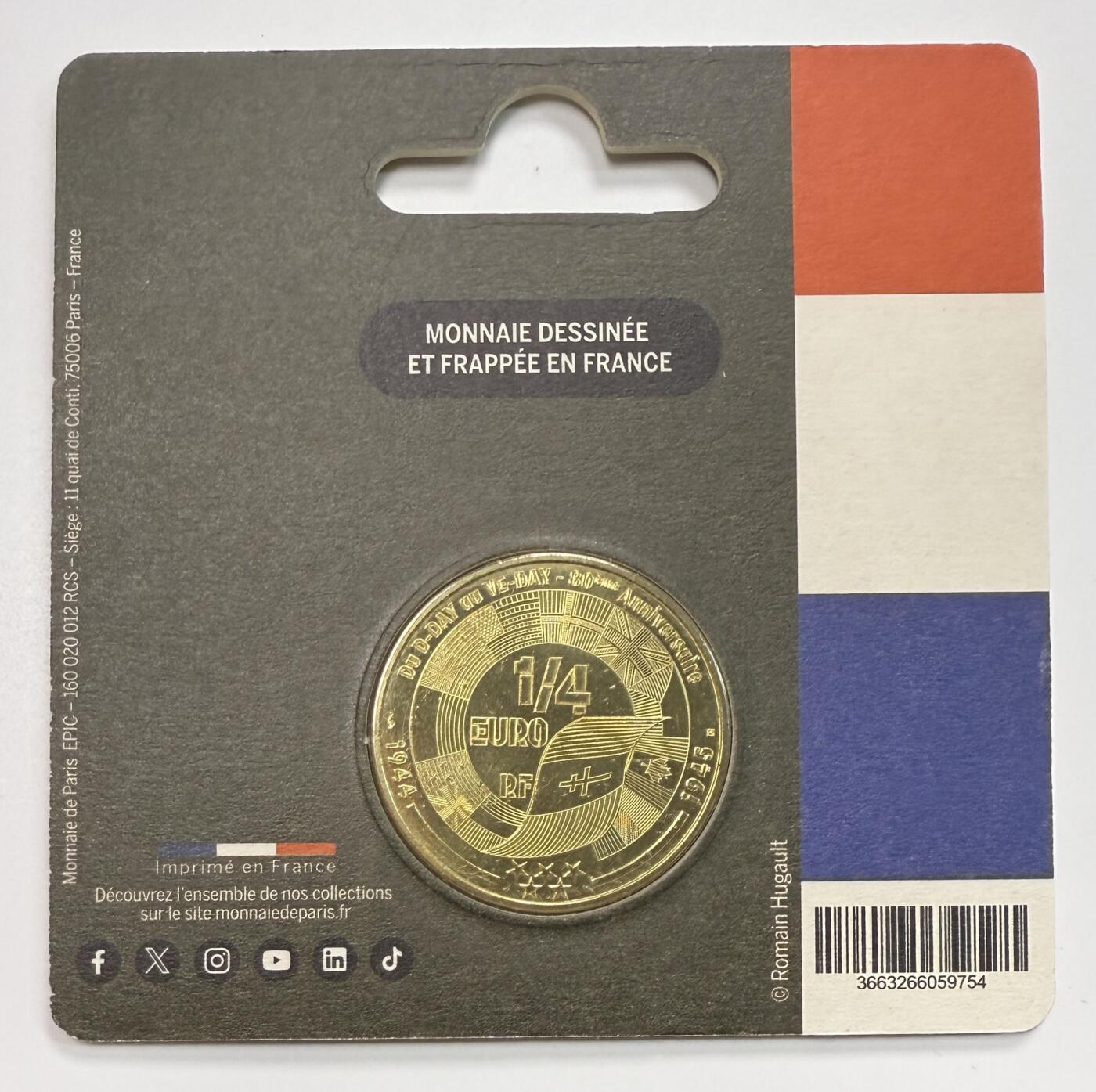 S&S Numismatic世界钱币-拍卖 第113期  法国2025年 人类历史上的重大里程碑-二战欧洲胜利日80周年 1/4欧元纪念币 4枚全套官方卡币