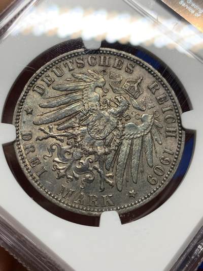 《竞宝斋》第410场 周日，周一，2场连拍 （全场包邮） NGC AU58 德国1909年汉堡双狮3马克银币