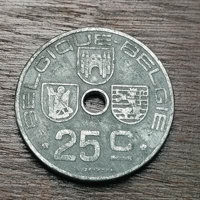 【铜匠收藏】★第130场★散币场，无佣金，30包邮。不满30元，支付5元运费。《接受代拍 代送NGC评级》 - 二战比利时 1943年 25分 圆孔币 锌币