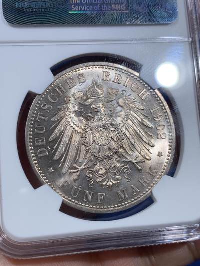 《竞宝斋》第410场 周日，周一，2场连拍 （全场包邮） 亚军分 NGC MS64 德国1902年威廉二世5马克大银币 经典品种 上BU很难