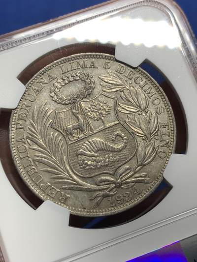 《竞宝斋》第410场 周日，周一，2场连拍 （全场包邮） NGC AU55 秘鲁1934年坐人女神1索尔大银币