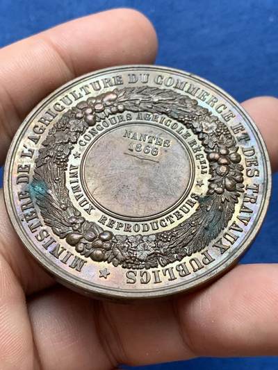 《竞宝斋》第410场 周日，周一，2场连拍 （全场包邮） 拿破仑三世农业铜章 带盒 56.7克 50.7mm 蜜蜂铜标