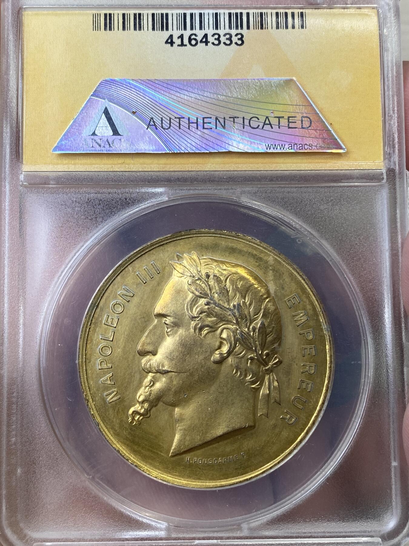 万国钱币拍卖第051期 ANACS MS60 1867年法国第二帝国拿破仑三世巴黎世博会纪念镀金大铜章 玛丽安娜化身和平女神驾临地球之上 ANACS小黄盒非常漂亮