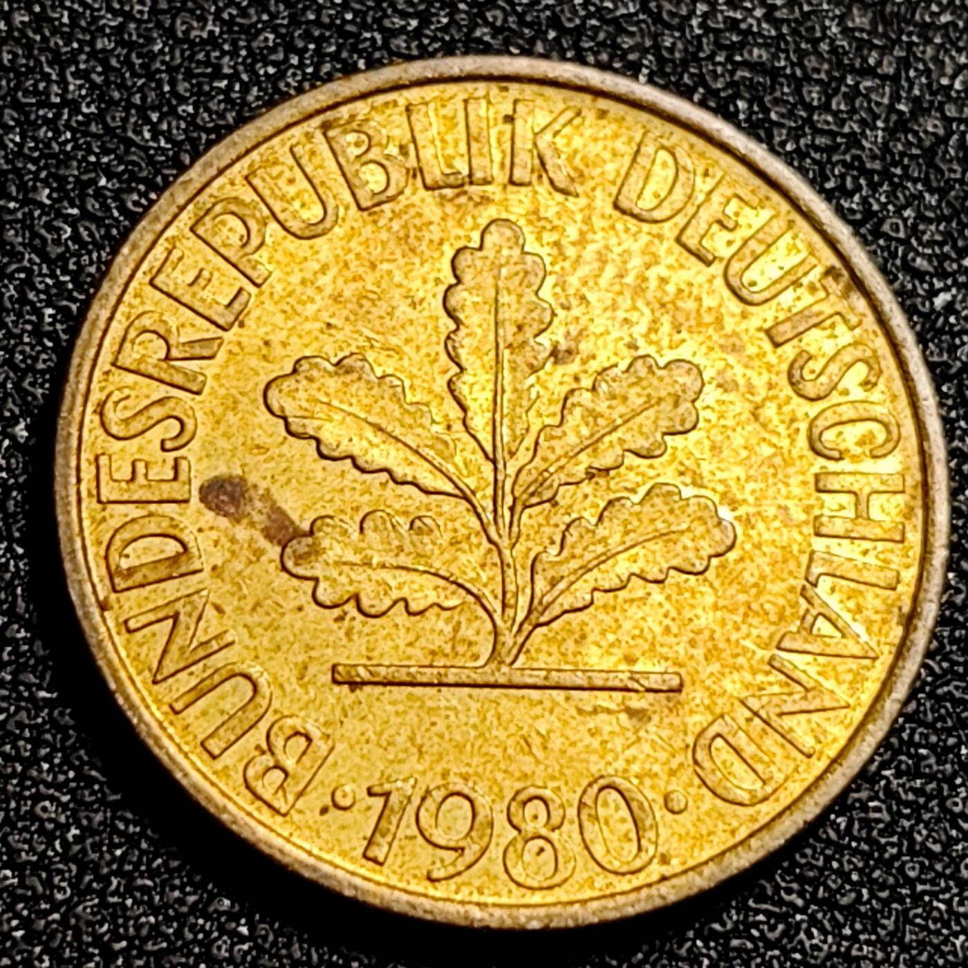 泉币菌-第92场-精品福利场 原铜光美品 联邦德国1980年 10芬尼硬币 橡树麦穗  银行版 21.5mm