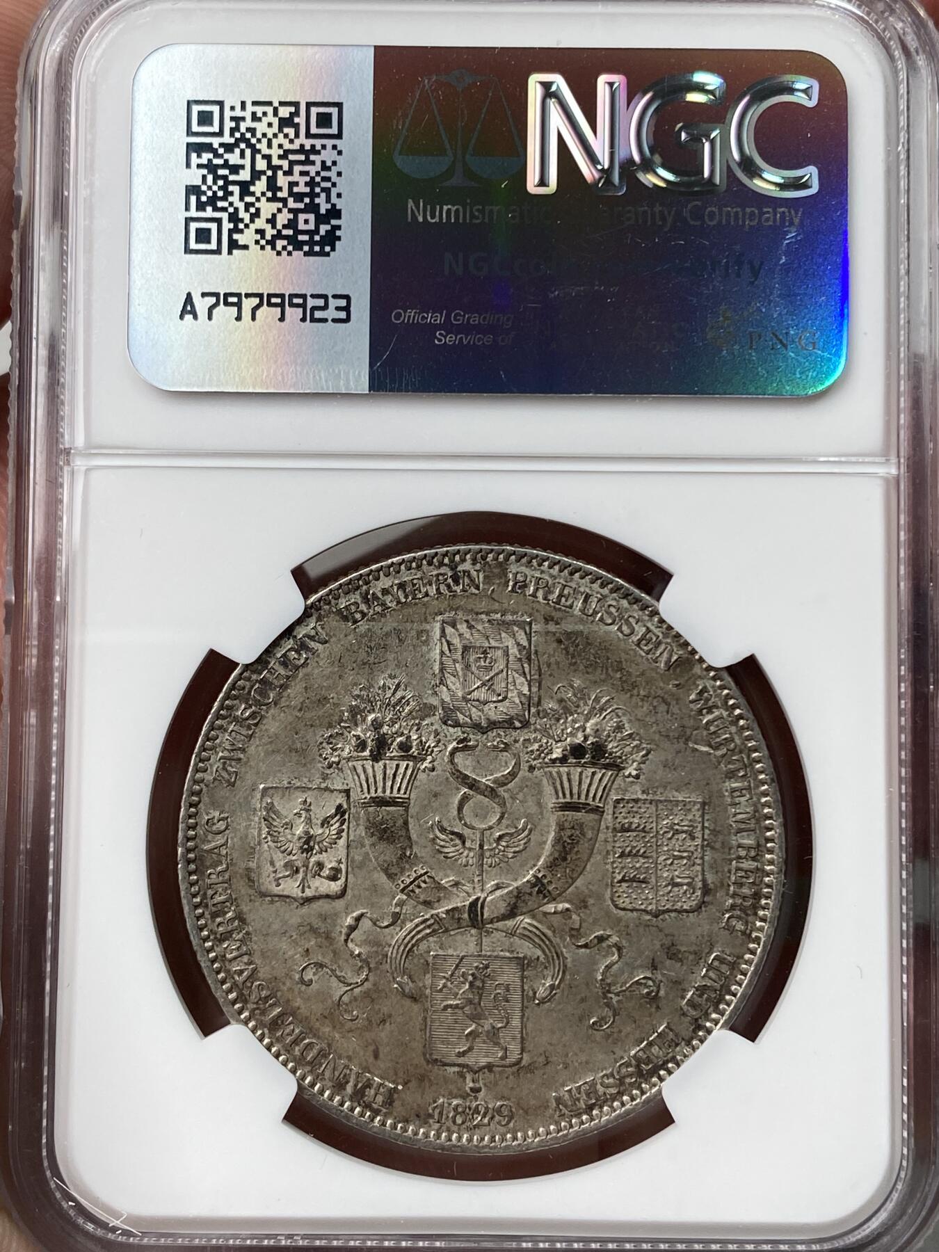 万国钱币拍卖第051期 NGC AU58 1829年德国巴伐利亚路德维希一世贸易协定历史泰勒 纪念巴伐利亚、普鲁士、符腾堡和黑森之间的贸易协定泰勒 原味老包浆 打制犀利