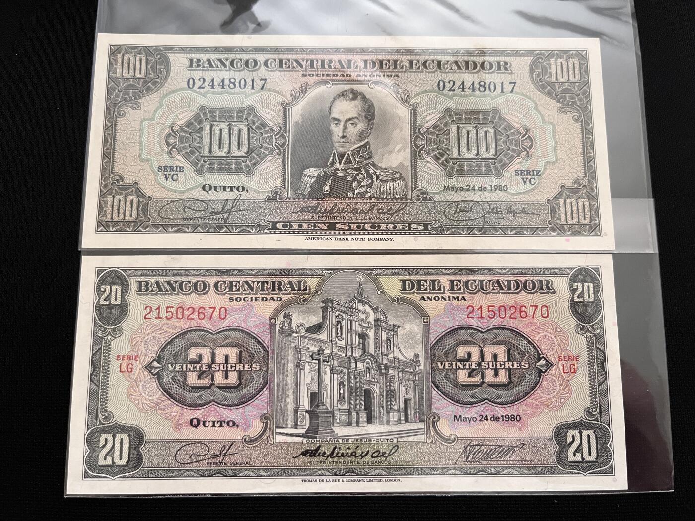 咖啡豆•收藏 2025年Aug_29th世界各国纸币拍卖 2枚 厄瓜多尔 1980年 20&100苏克雷 全新UNC 外国纸币