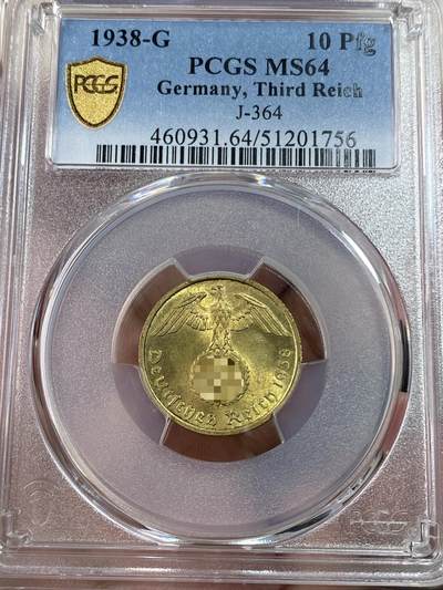 万国钱币拍卖第051期 - PCGS MS64 1938年德国民族社会主义工人党黄铜10芬尼 原味黄铜光（原图请私信后台或自行查询官网）
