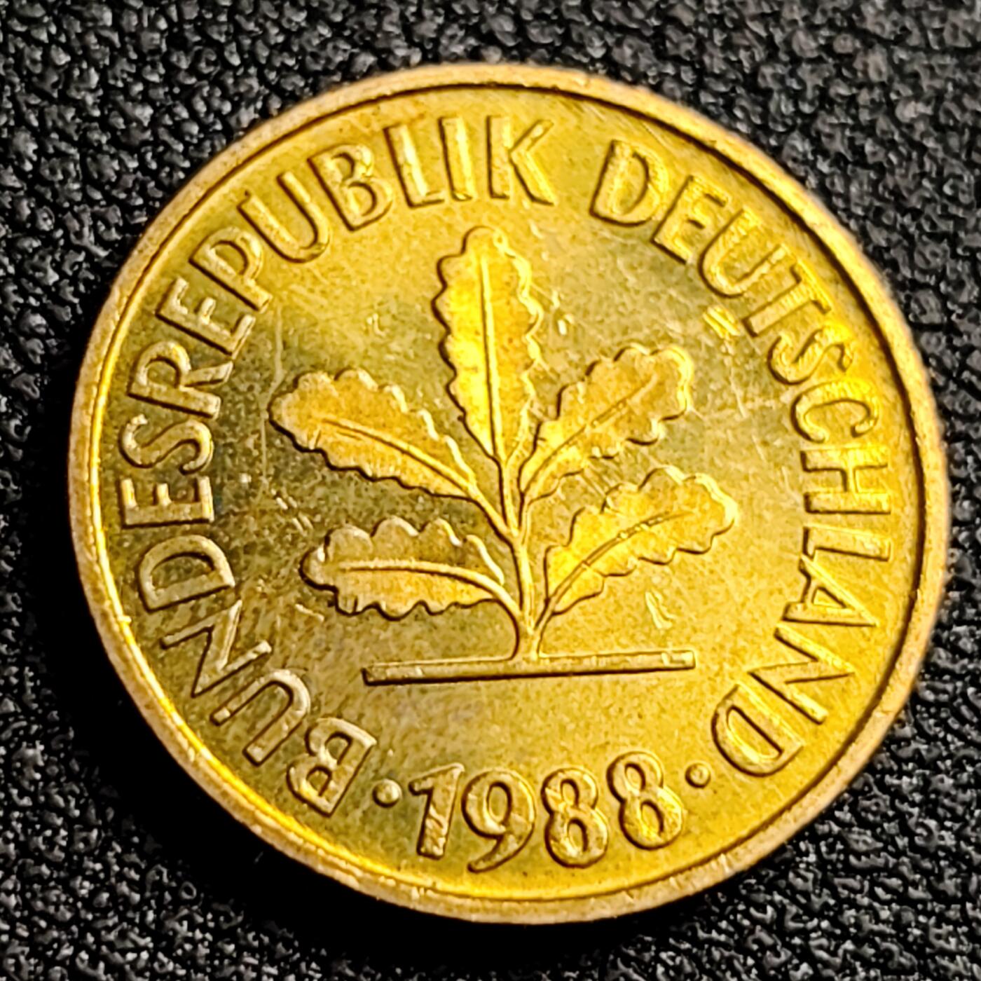 泉币菌-第91场-精品福利场 原铜光美品 联邦德国1988年 10芬尼硬币 橡树麦穗  银行版