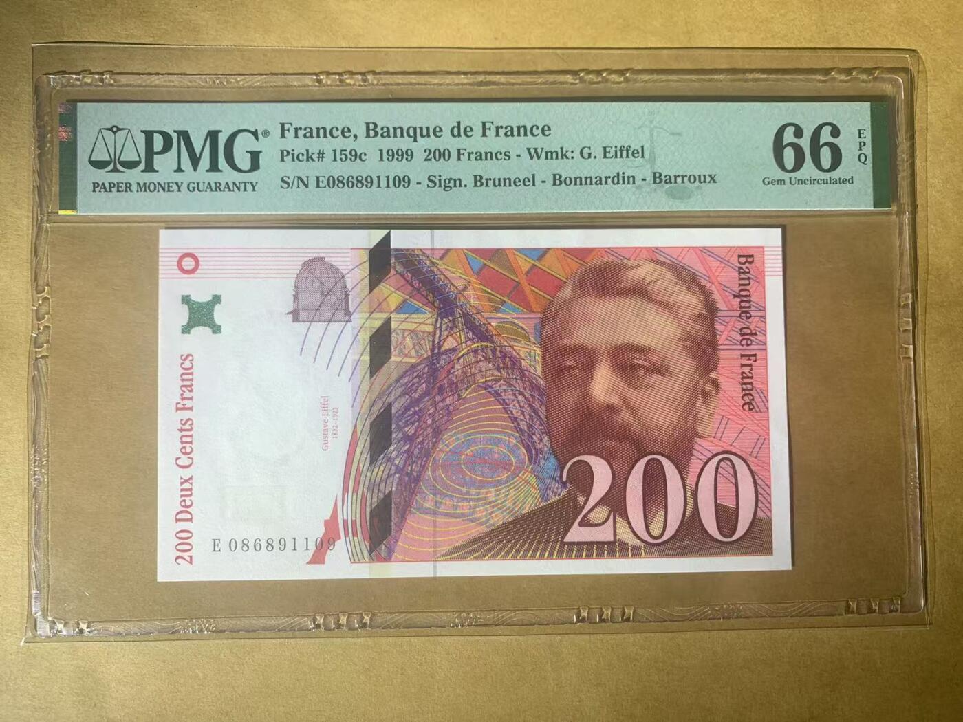 【礼羽收藏】🌏世界钱币拍卖第123期 【E086891109】全新UNC 1999年法国末版200法郎纸币 无3457尾109 倒置号 很少见