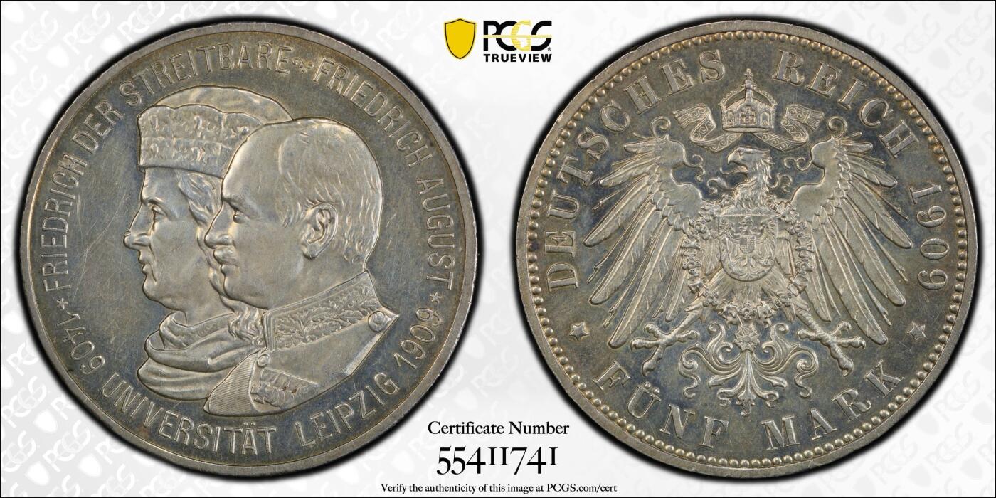 万国钱币拍卖第051期 PCGS MS62 1909年萨克森莱比锡大学长翅流通5马克 原味好品