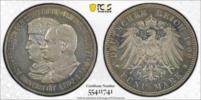 万国钱币拍卖第051期 - PCGS MS62 1909年萨克森莱比锡大学长翅流通5马克 原味好品
