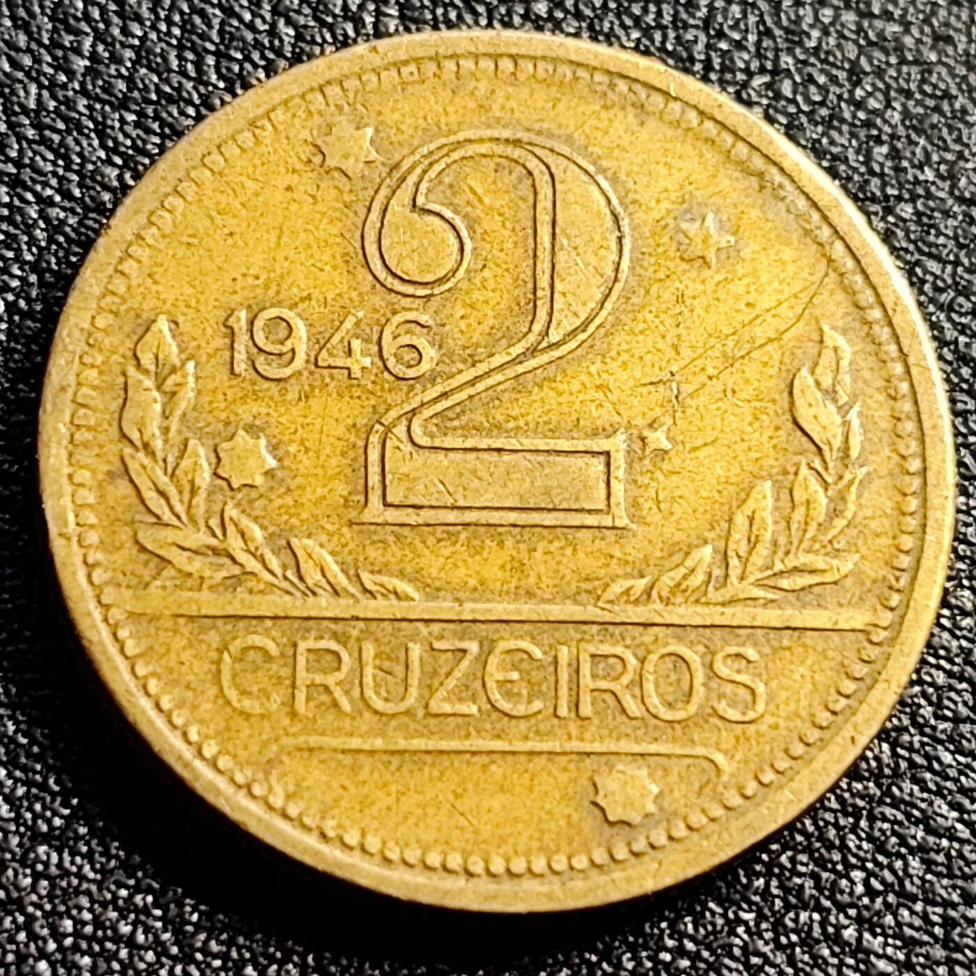 泉币菌-第91场-精品福利场 少见巴西1945年 地图2克鲁赛罗 黄铜币 25毫米