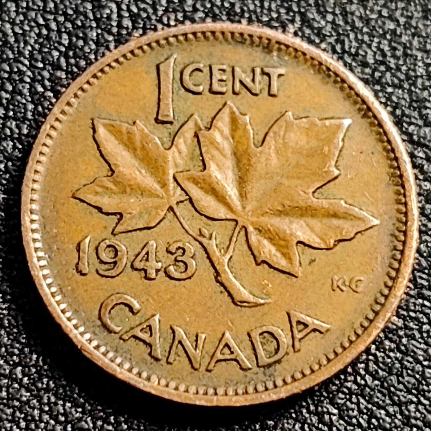 泉币菌-第91场-精品福利场 1943年 加拿大枫叶一分 青铜币 19mm 乔治六世 