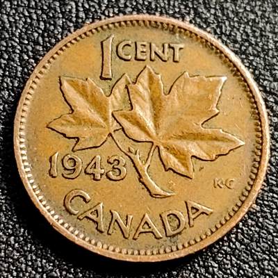 泉币菌-第91场-精品福利场 - 1943年 加拿大枫叶一分 青铜币 19mm 乔治六世 