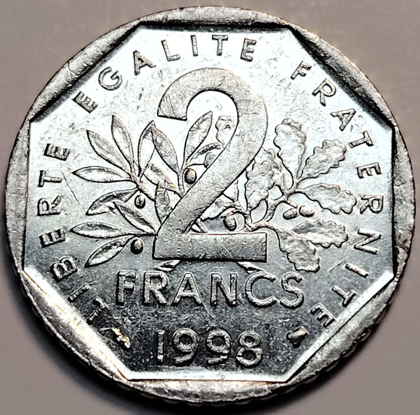布加迪🐬～世界钱币(上海)🌾第 240 期 /  各国套币和散币 法国🇫🇷 1998年 2法郎 26.5mm～L