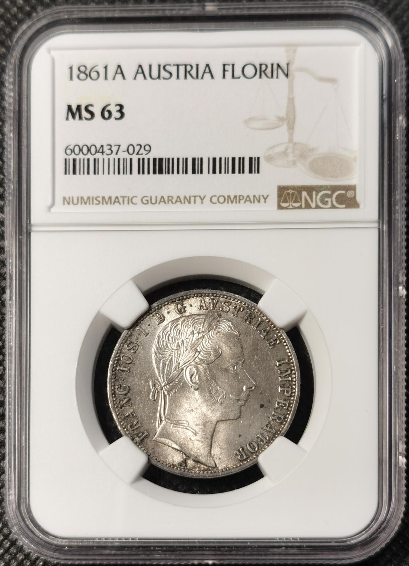 甄臻铺-世界币章拍卖（第30期），送拍享返佣金等优惠多多 NGC -MS63 1861年奥地利帝国弗朗茨一世1福林