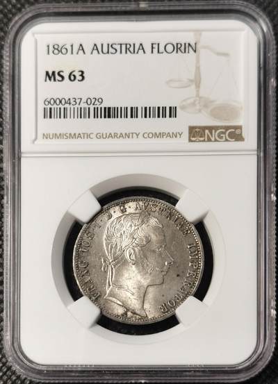 甄臻铺-世界币章拍卖（第30期），送拍享返佣金等优惠多多 - NGC -MS63 1861年奥地利帝国弗朗茨一世1福林