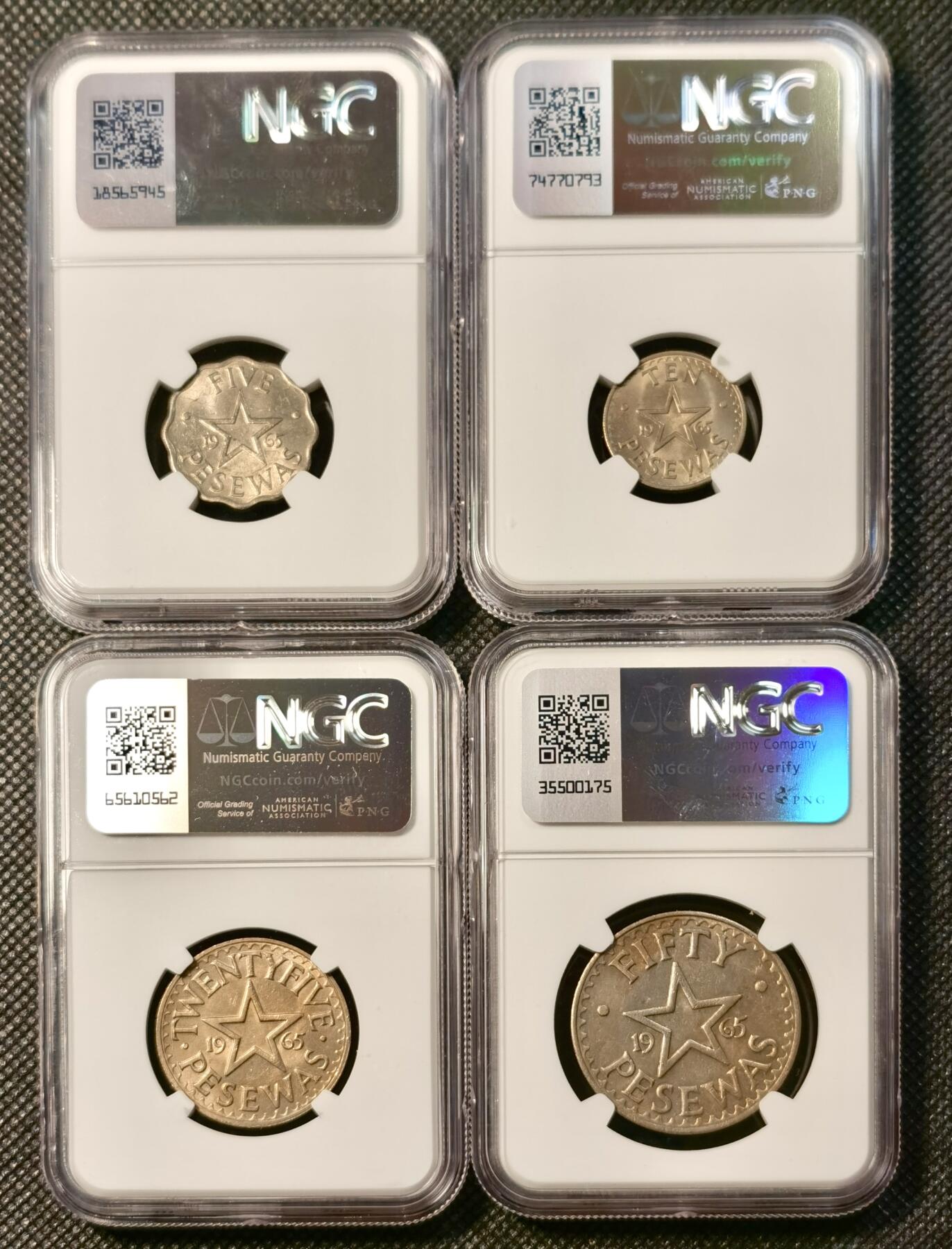 甄臻铺-世界币章拍卖（第30期），送拍享返佣金等优惠多多 NGC-MS62-65 1965年加纳5、10、25、50P一组，少见品种