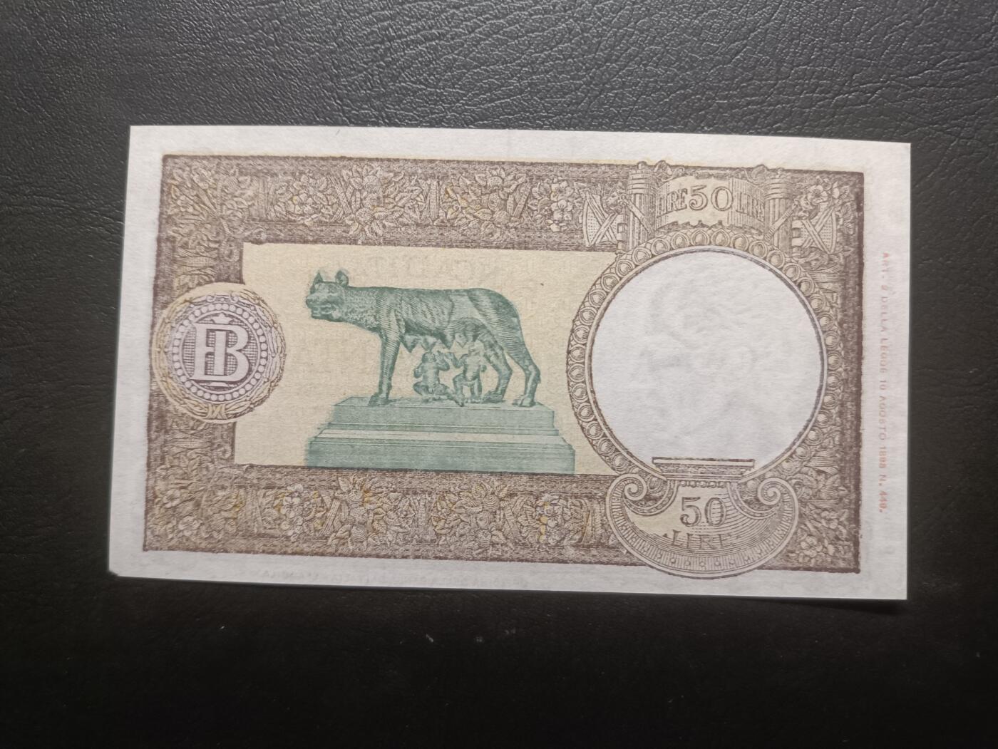 2025八月第四期（总189期） 意大利1943年50里拉UNC-，罗马城狼孩的雕塑