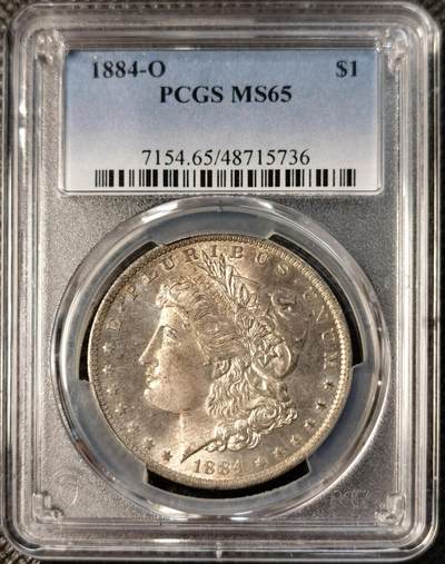 甄臻铺-世界币章拍卖（第30期），送拍享返佣金等优惠多多 - PCGS-MS65 1884年O版摩根，正面紫金色包浆，状态极佳，阴阳脸卷首