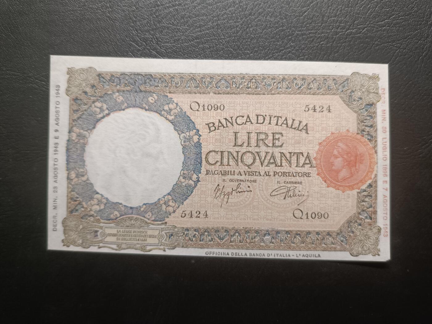 2025八月第四期（总189期） 意大利1943年50里拉UNC-，罗马城狼孩的雕塑