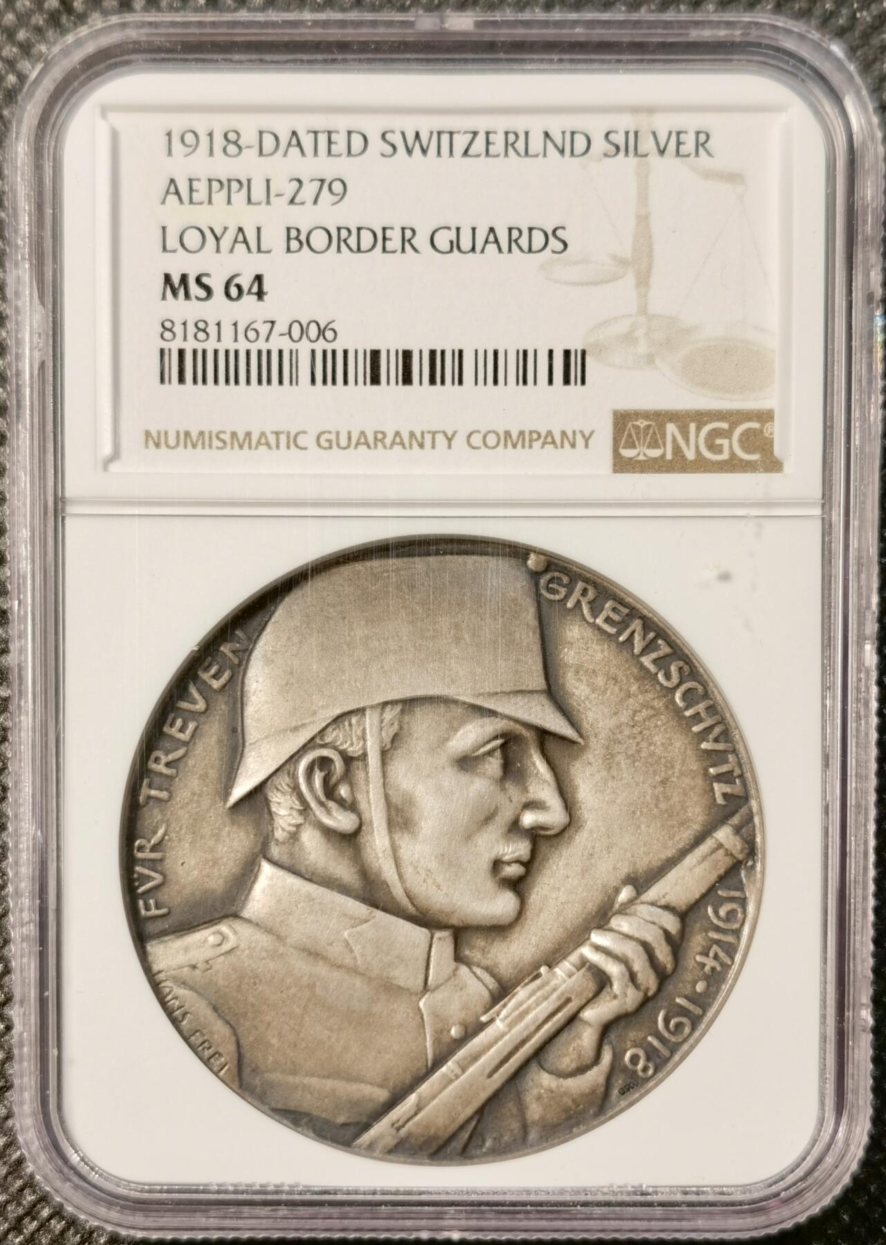 甄臻铺-世界币章拍卖（第30期），送拍享返佣金等优惠多多 NGC-MS64 瑞士1918年忠诚边防军颁发的纪念银章，直径45毫米，参考手册编号AEPPLI-279。正面是士兵持枪侧脸像，背面是盾牌和火焰纹章图案，由当地市政厅授权发行，工艺精湛